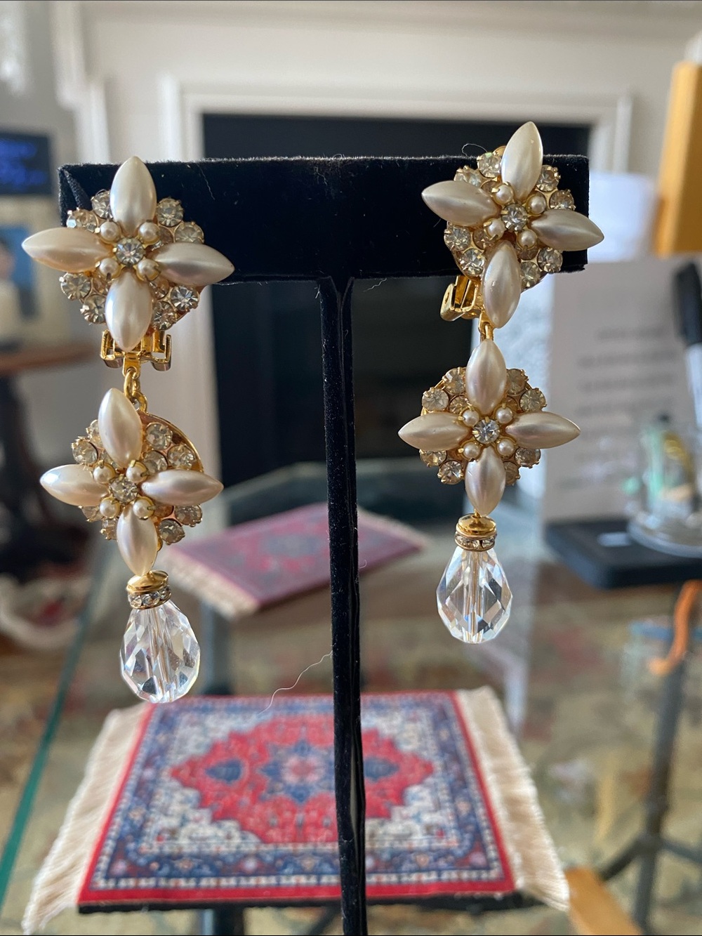 Elegant Pearl & Crystal Drop Clip-On Earrings - Gold Tone